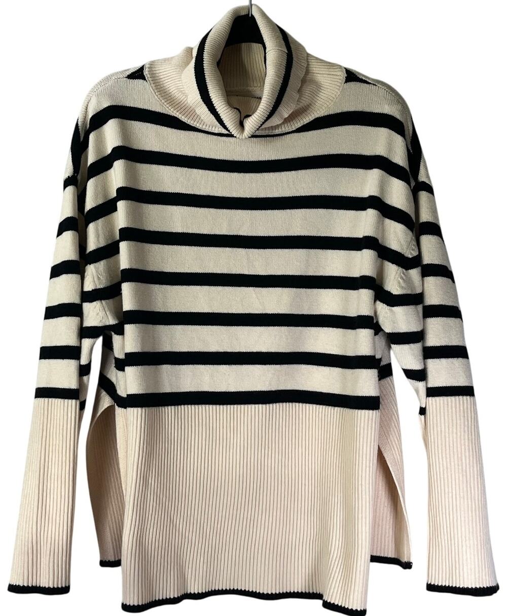 Anrabess Cream & Black Striped Ribbed Turtleneck Sweater Regular Size S